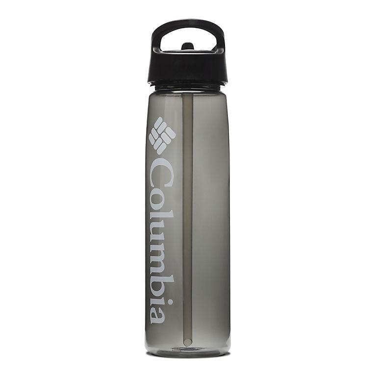 A black Columbia branded hydration water bottle with a flip-top lid.