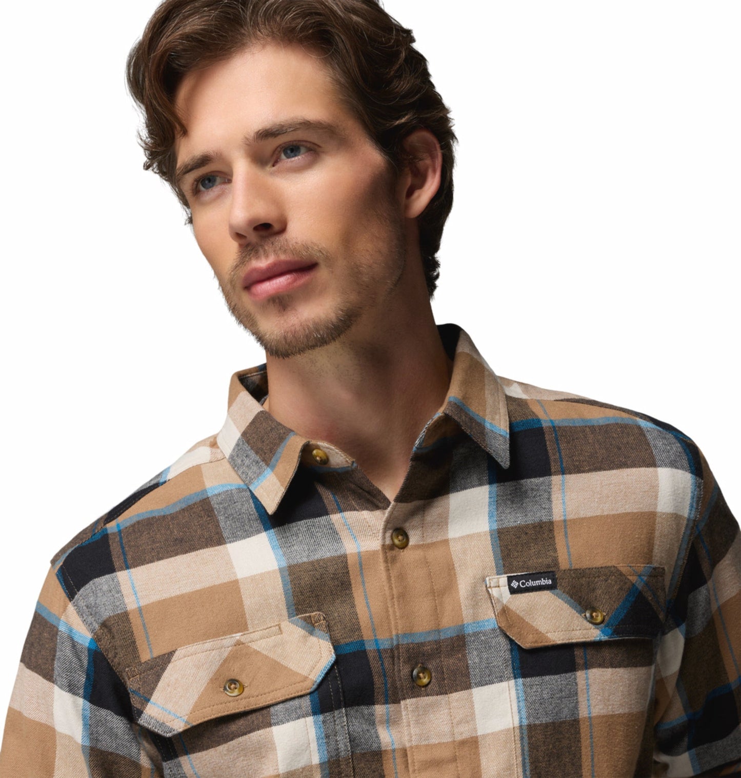 men brown omni wick flare gun stretch flannel long sleeve shirt