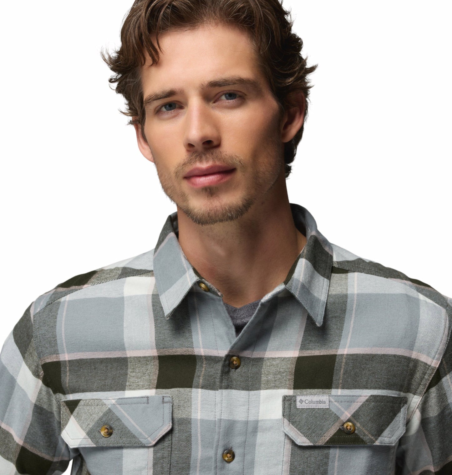 men green omni wick flare gun stretch flannel long sleeve shirt