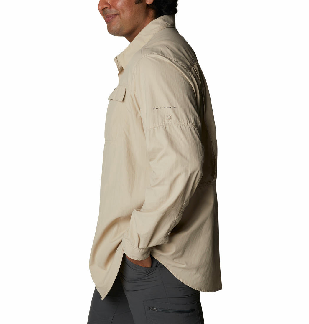 A Men Wearing Columbia Men Beige Silver Ridge2.0 Long Sleeve Shirt (Sun Protection)