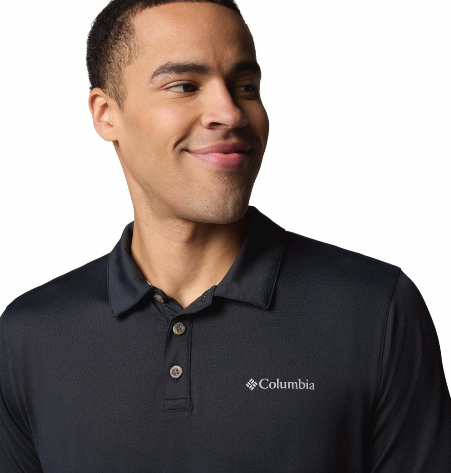 A Men Wearing Columbia Men Black Tech Trail Utility Polo (Sun Protection)