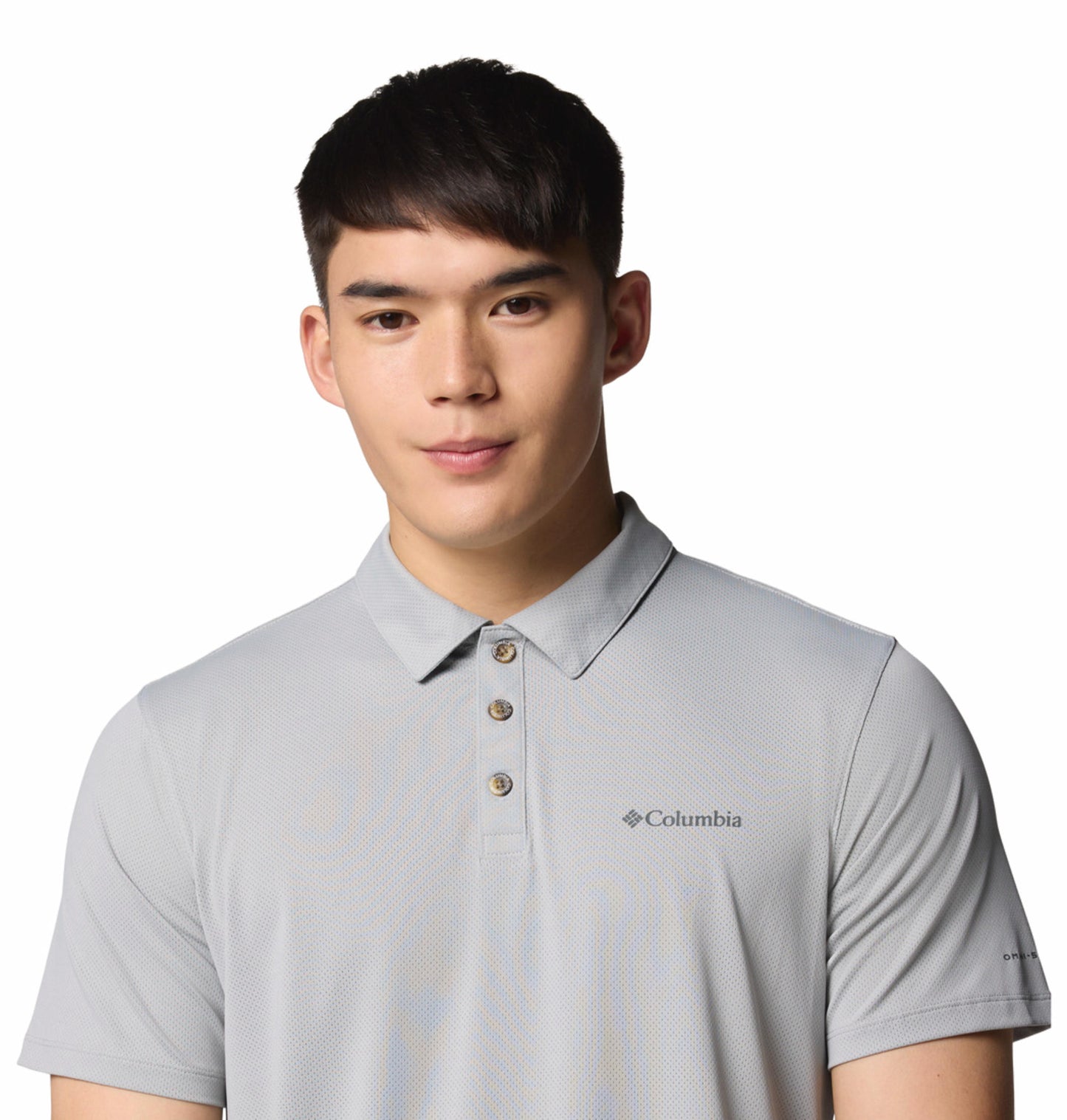 A Men Wearing Columbia Men Grey Tech Trail Utility Polo (Sun Protection)