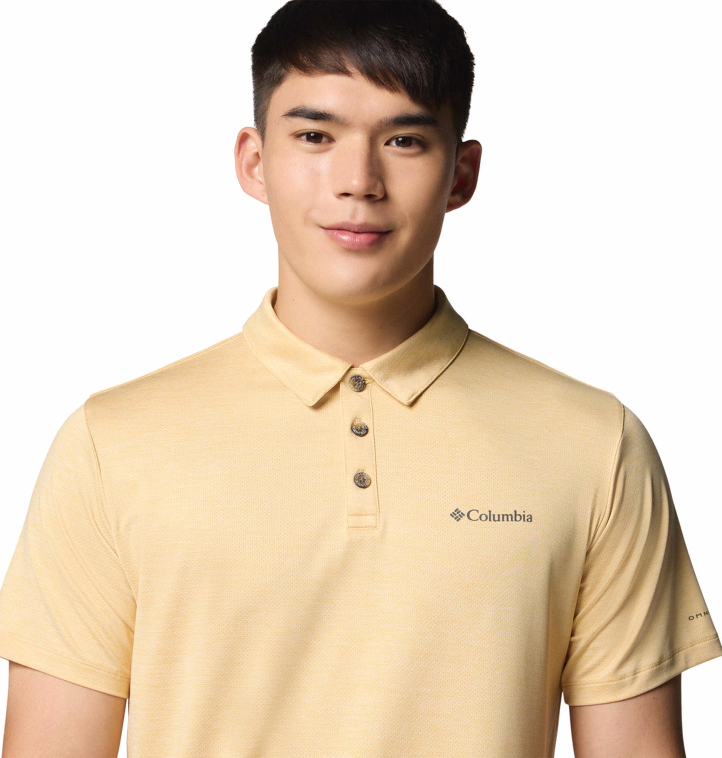 A Men Wearing Columbia Men Yellow Tech Trail Utility Polo (Sun Protection)