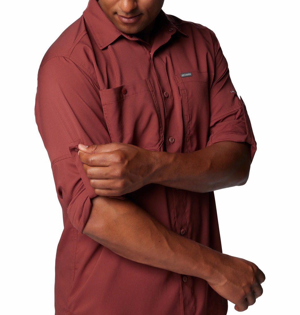 A Men Wearing Columbia Men Red Silver Ridge Utility Lite Long Sleeve (Sun Protection)