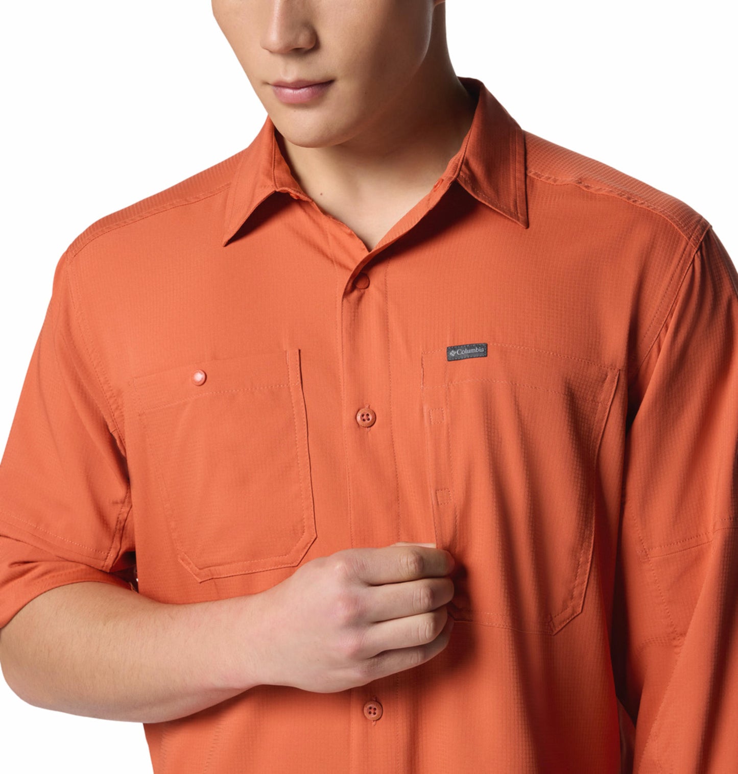 A Men Wearing Columbia Men Red Silver Ridge Utility Lite Long Sleeve (Sun Protection)