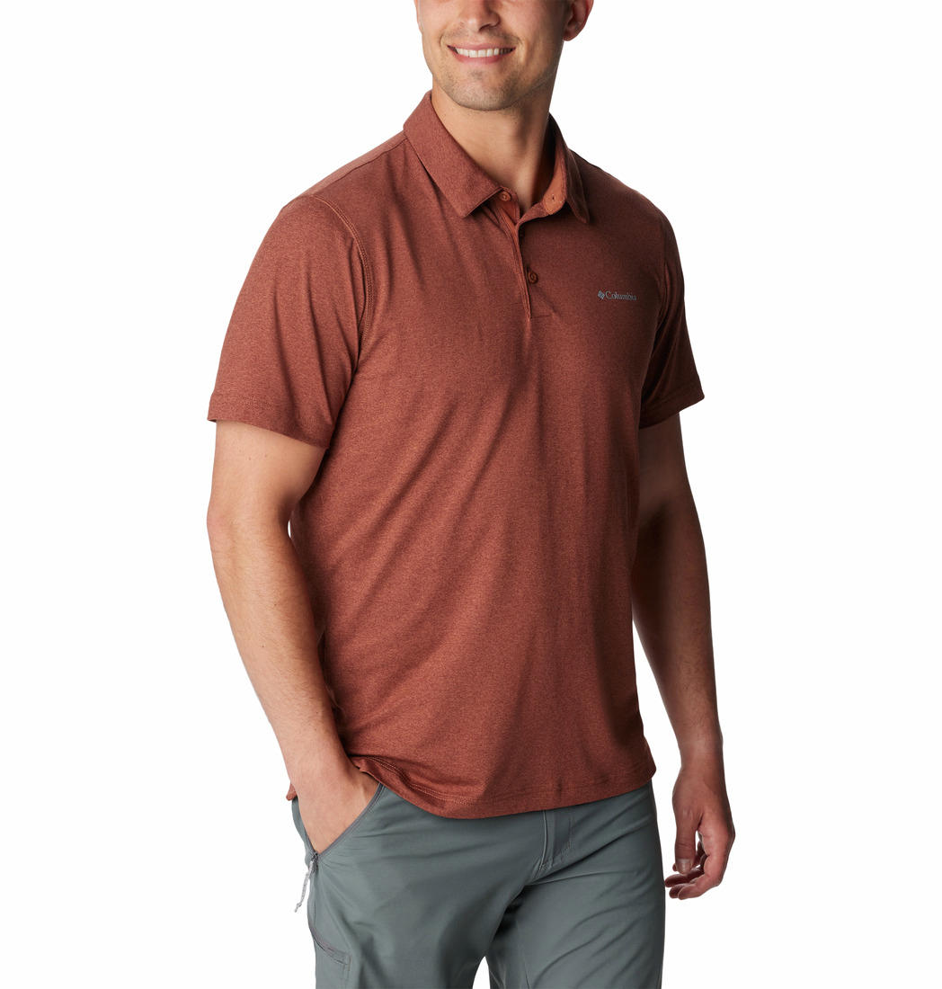 A Men Wearing Columbia Men Brown Tech Trail Polo (Sun Protection)