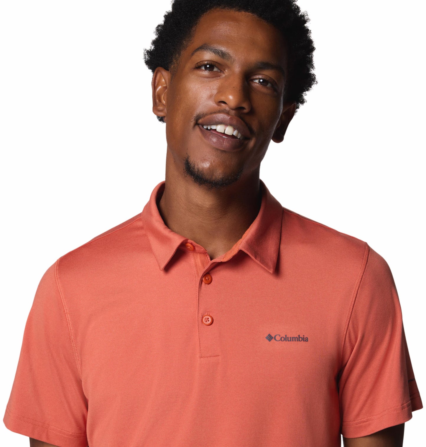 A Men Wearing Columbia Men Red Tech Trail Polo (Sun Protection)