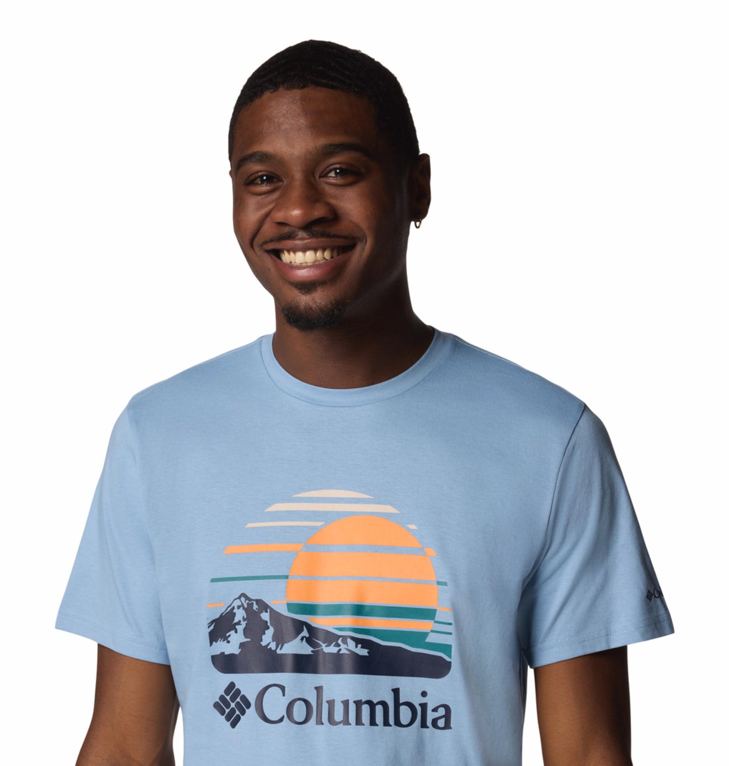 A Men Wearing Columbia Men Blue Path Lake Graphic Tee II
