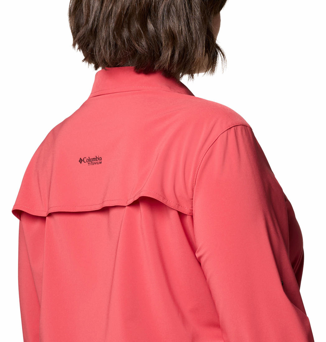 A Women Wearing Columbia Women Red Summit Valley Woven Long Sleeve Shirt (Sun Protection)