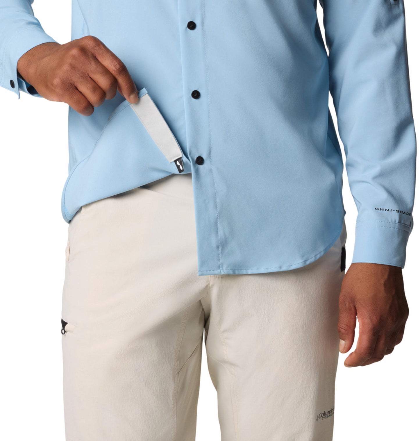A Men Wearing Columbia Men Blue Summit Valley Woven LS Shirt (Sun Protection)