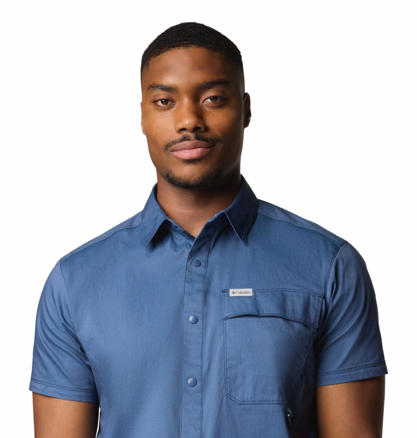 A Men Wearing Columbia Men Blue Landroamer Twill SS Shirt