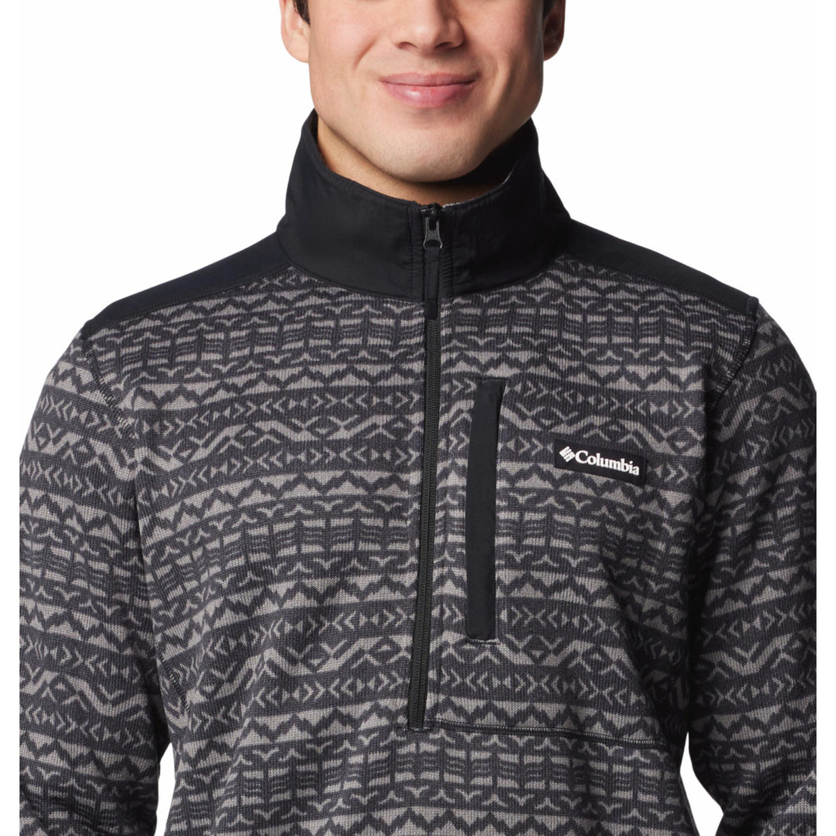 A Men Wearing Columbia Men Black Sweater Weather Printed Half Zip II