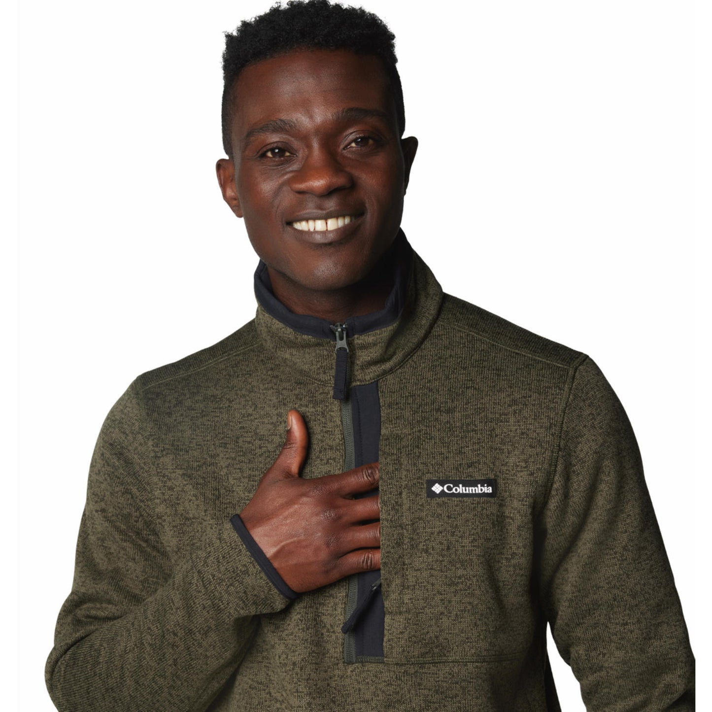 A Men Wearing Columbia Men Green Sweater Weather Half Zip