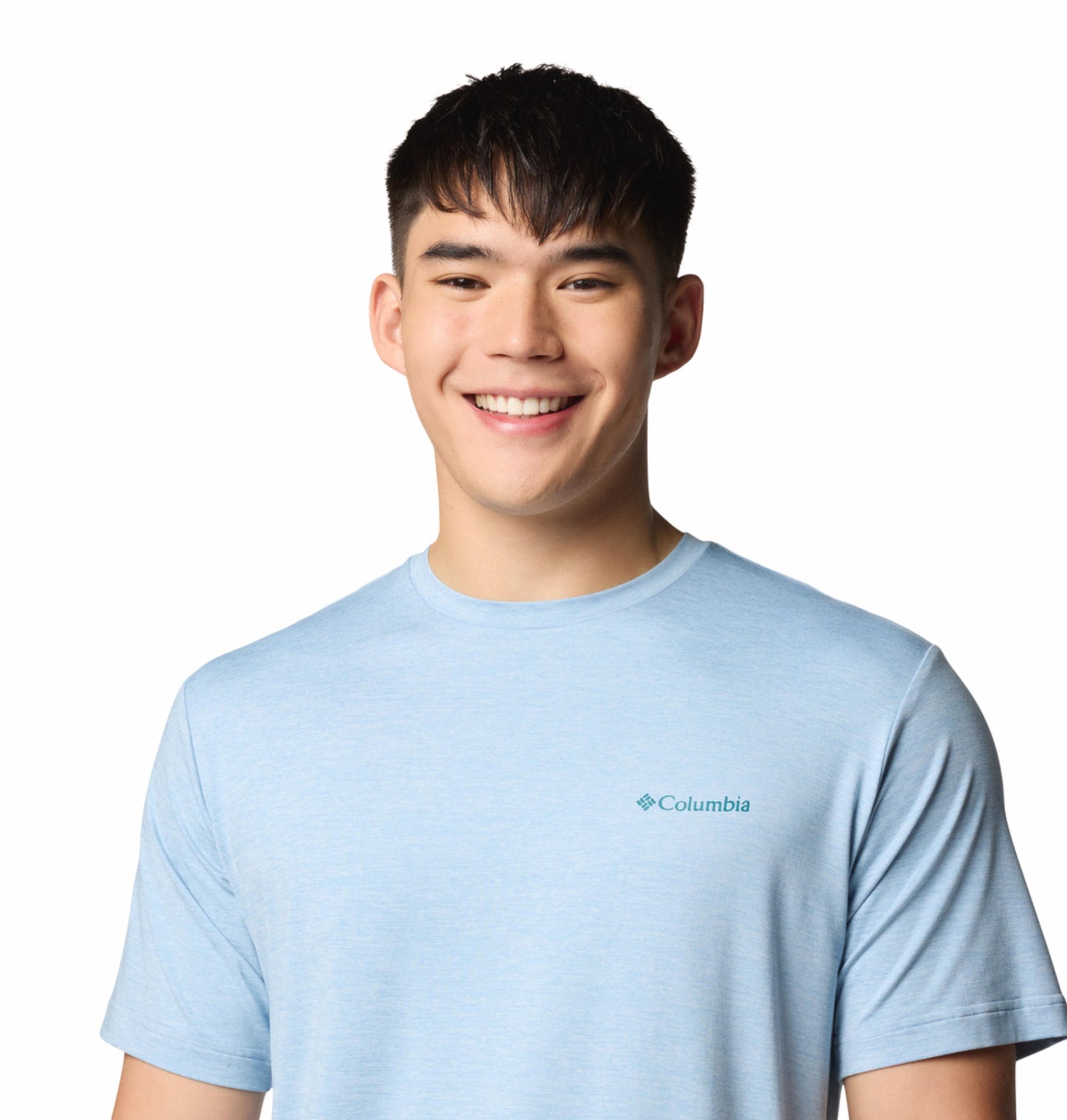 A Men Wearing Columbia Men Blue Kwick Hike Back Graphic SS Tee (Sun Protection)