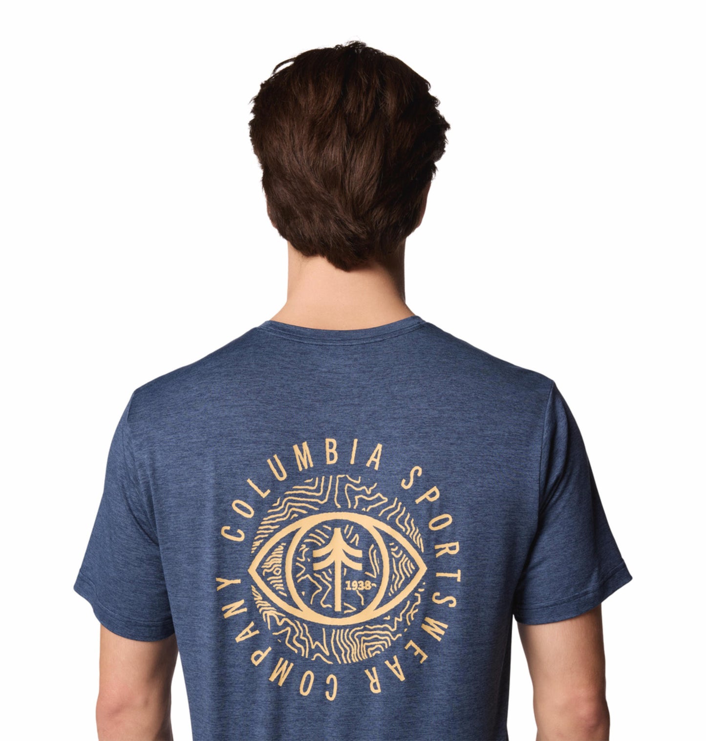 A Men Wearing Columbia Men Blue Kwick Hike Back Graphic SS Tee (Sun Protection)