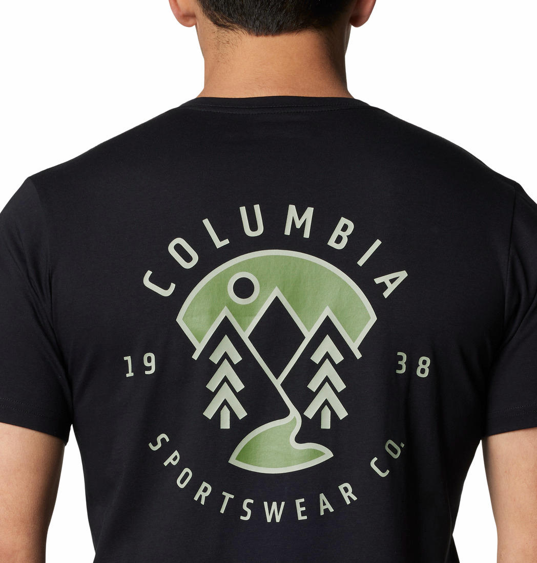 A Men Wearing Columbia Men Black Rapid Ridge Back Graphic Tee II