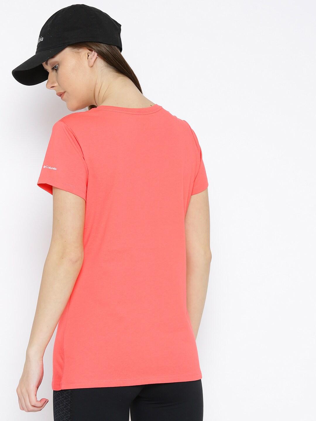 A Women Wearing Columbia Women Pink Camp Stamp Performance Tee