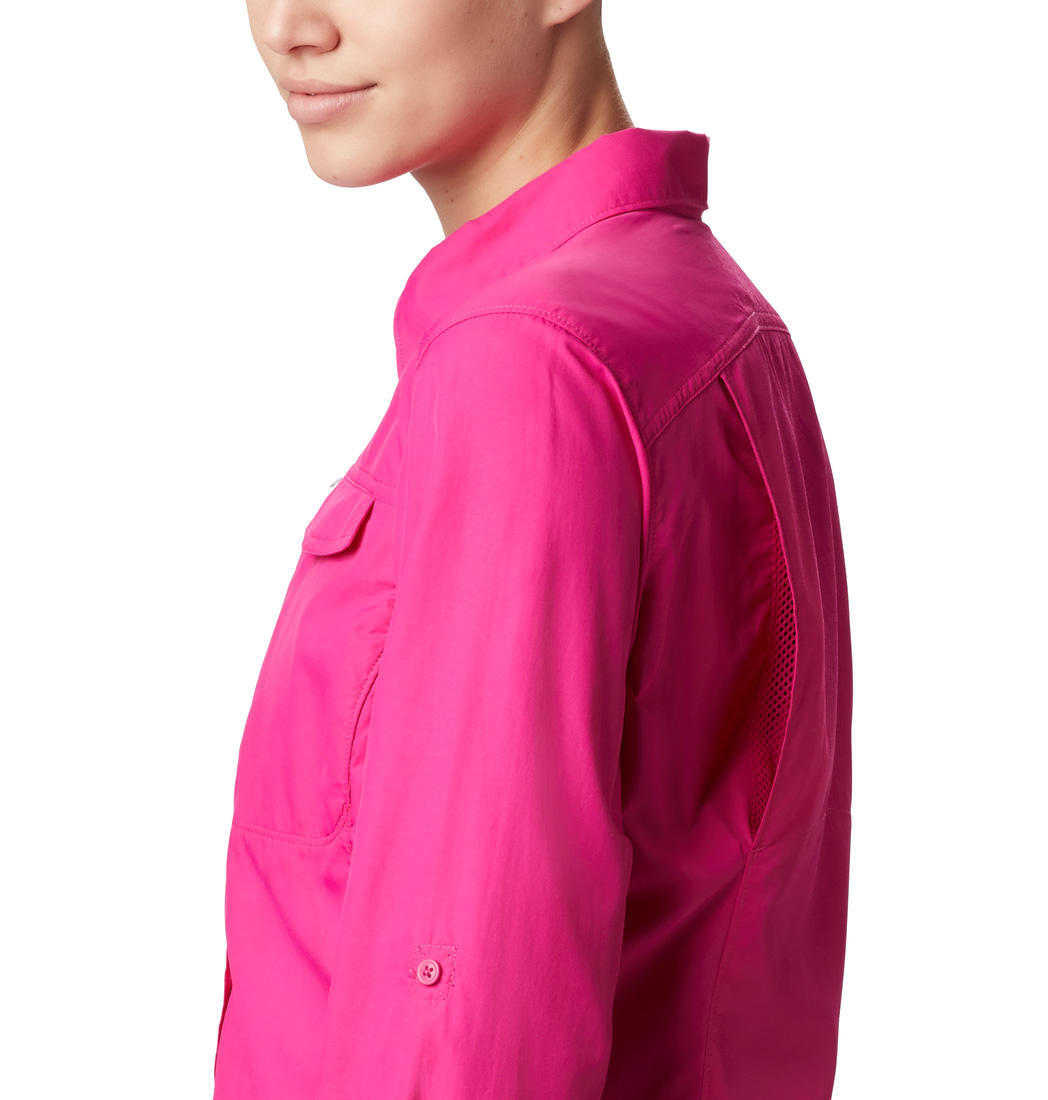 A Women Wearing Columbia Women Red Silver Ridge 2.0 Long Sleeve (Sun Protection)