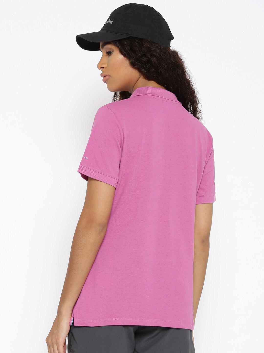 A Women Wearing Columbia Women Purple Cascade Range Solid Polo (Sun Protection)