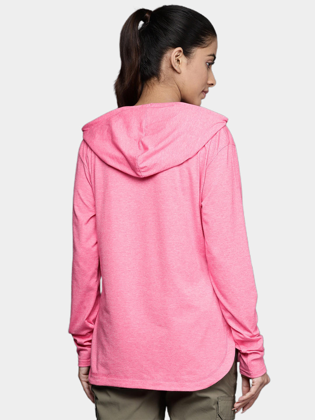 A Women Wearing Columbia Women Pink Sun Trek Hooded Pullover (Sun Protection)