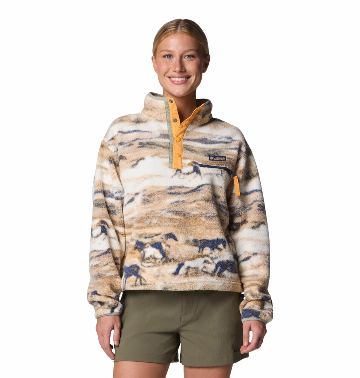 A Women Wearing Columbia Women Yellow Helvetia II Printed Cropped Half Snap
