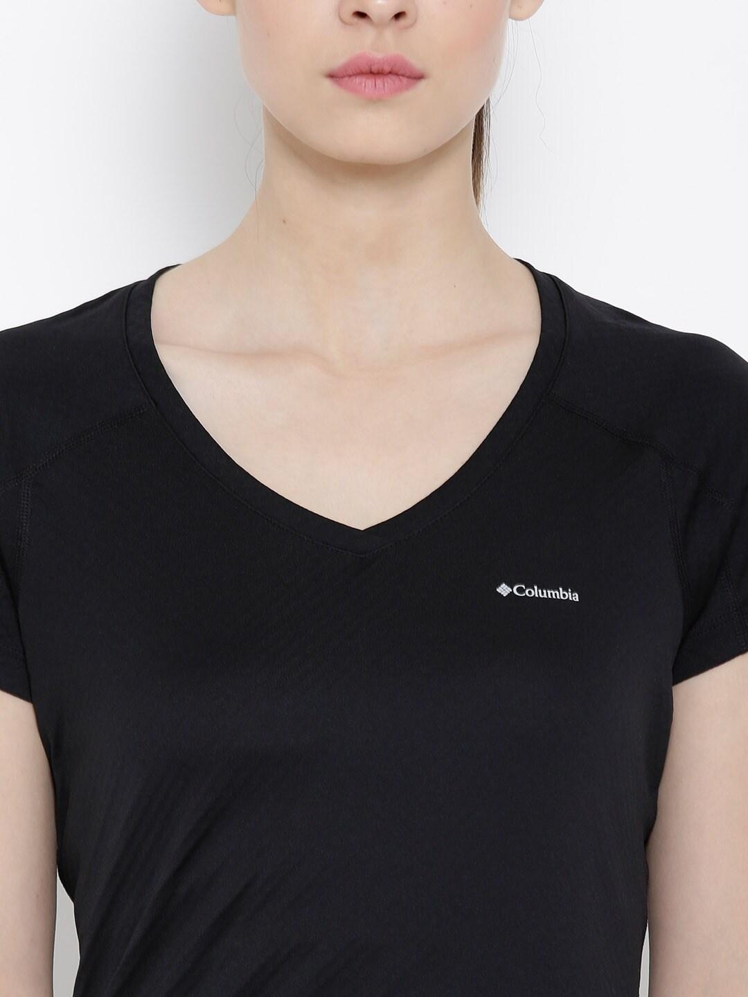 A Women Wearing Columbia Women Black Zero Rules Short Sleeve Shirt (Sun Protection)