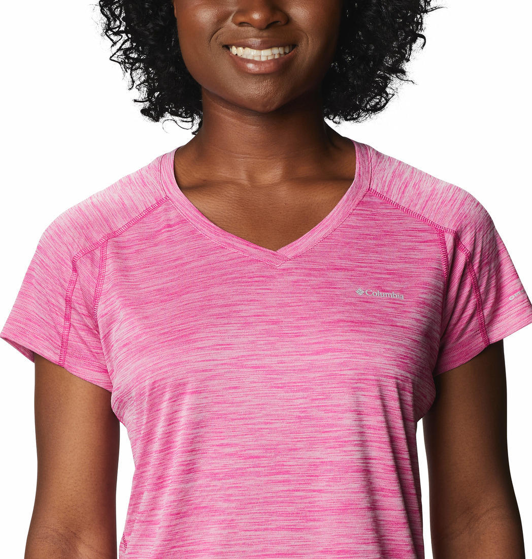 A Women Wearing Columbia Women Red Zero Rules Short Sleeve Shirt (Sun Protection)