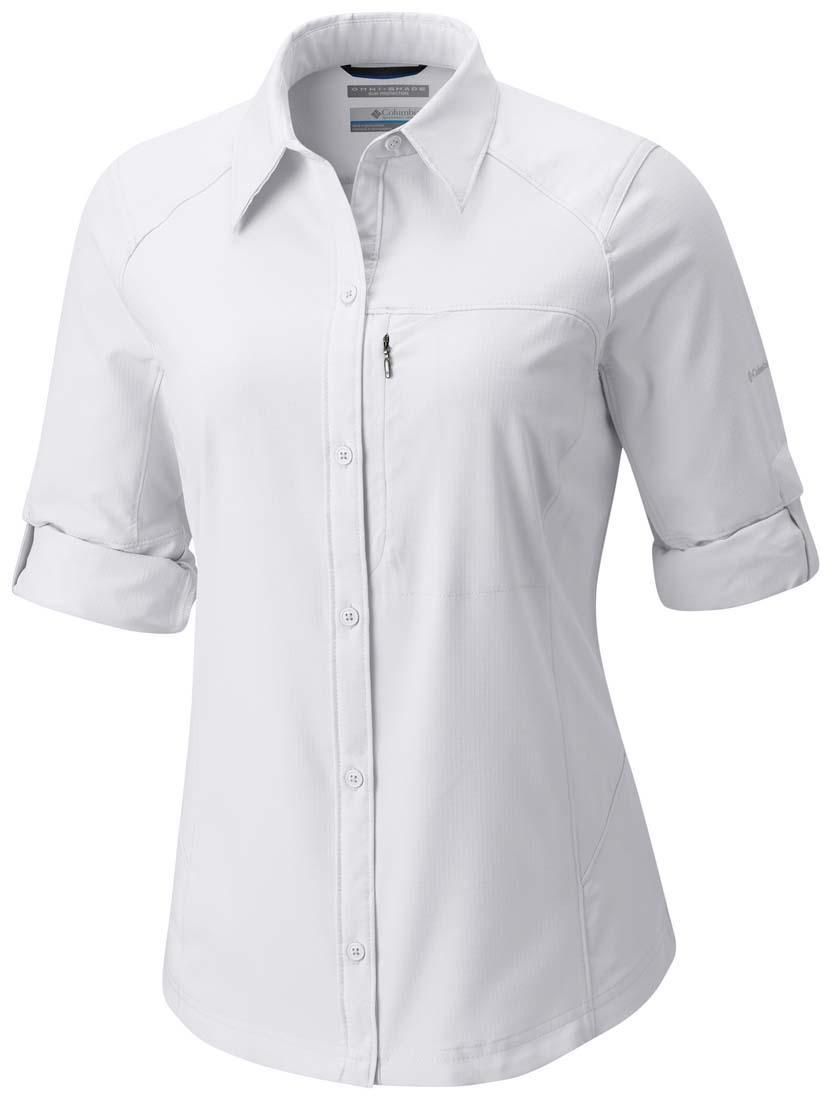 A Women Wearing Columbia Women White Silver Ridge Long Sleeve Shirt (Sun Protection)