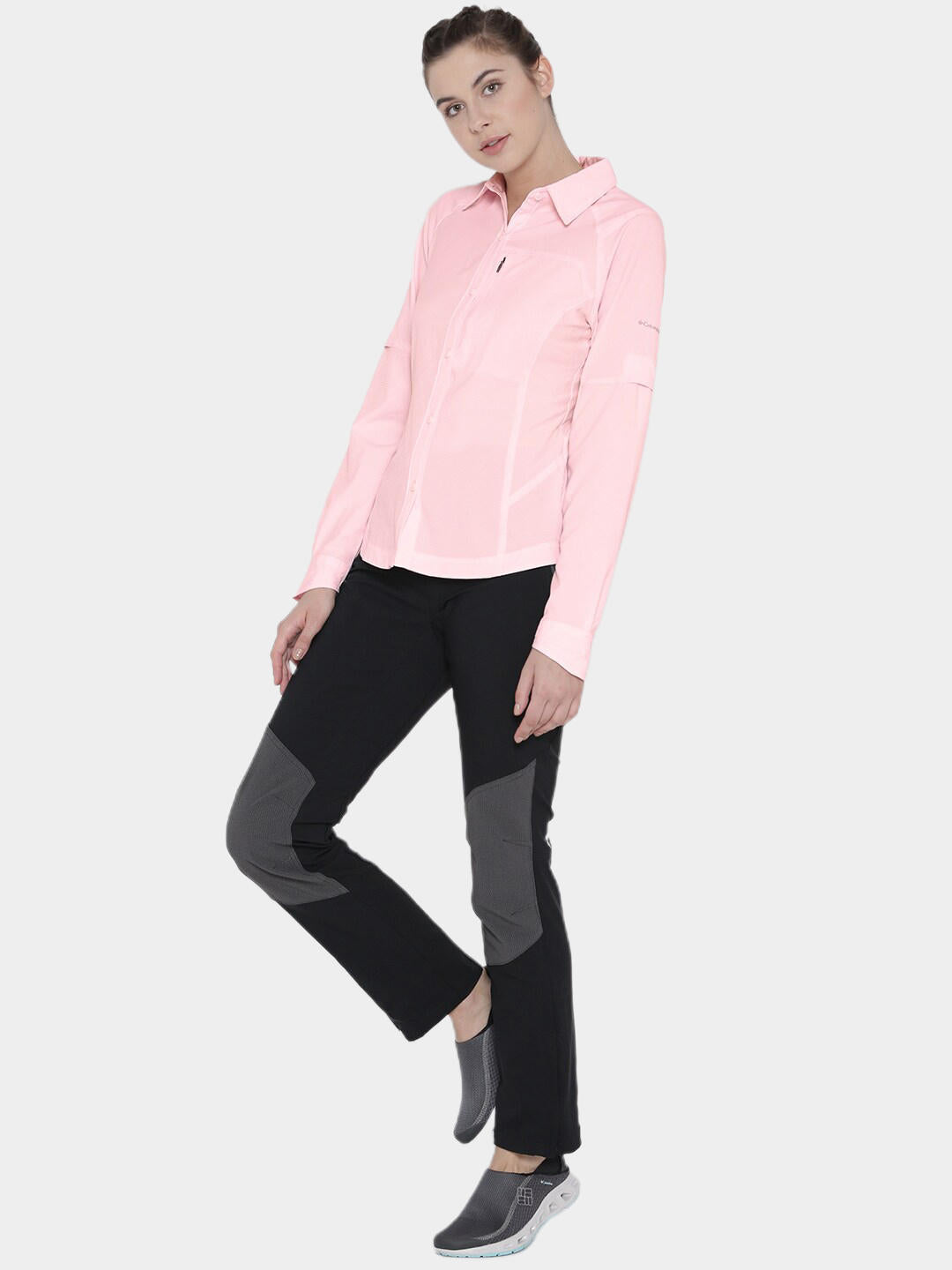 A Women Wearing Columbia Women Red Silver Ridge Long Sleeve Shirt (Sun Protection)