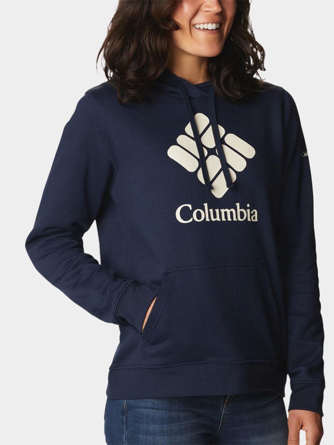 A Women Wearing Columbia Women Blue Columbia Trek Graphic Hoodie