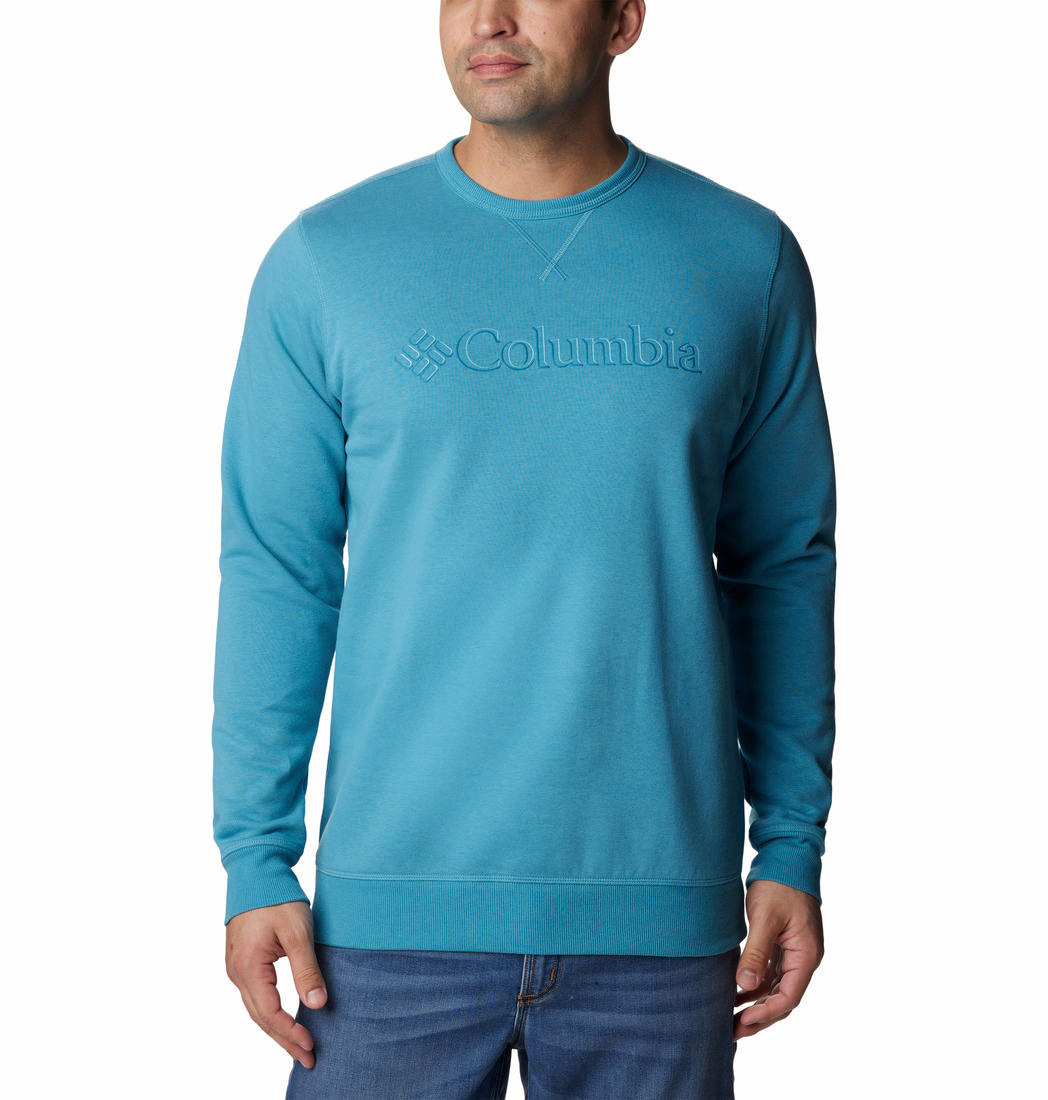 A Men Wearing Columbia Men Blue M Columbia Logo Fleece Crew (Sun Protection)