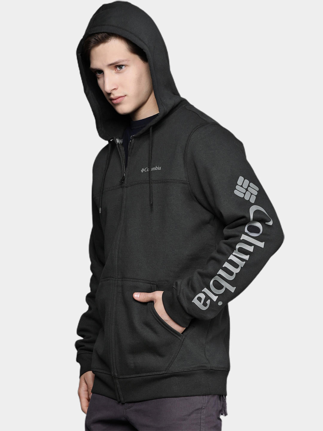 A Men Wearing Columbia Men Black M Columbia Logo Fleece FZ (Sun Protection)