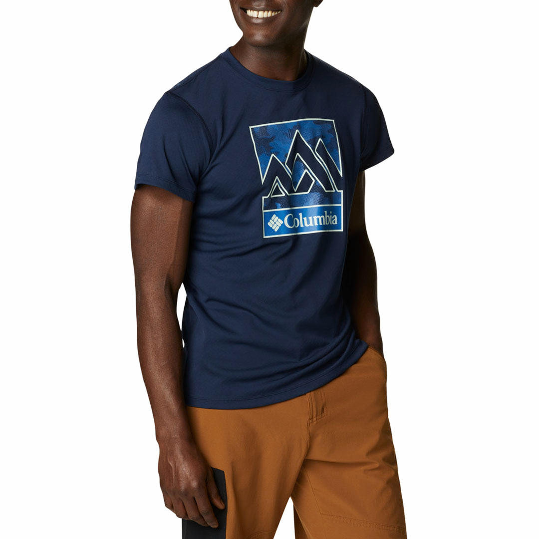 A Men Wearing Columbia Men Blue Zero Rules Short Sleeve Graphic Shirt (Sun Protection)