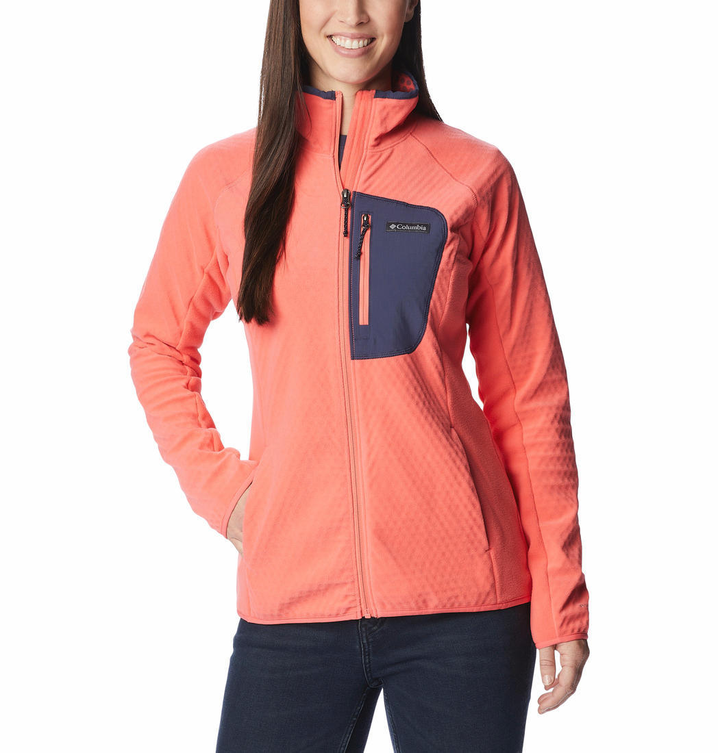 A Women Wearing Columbia Women Pink W Outdoor Tracks Full Zip