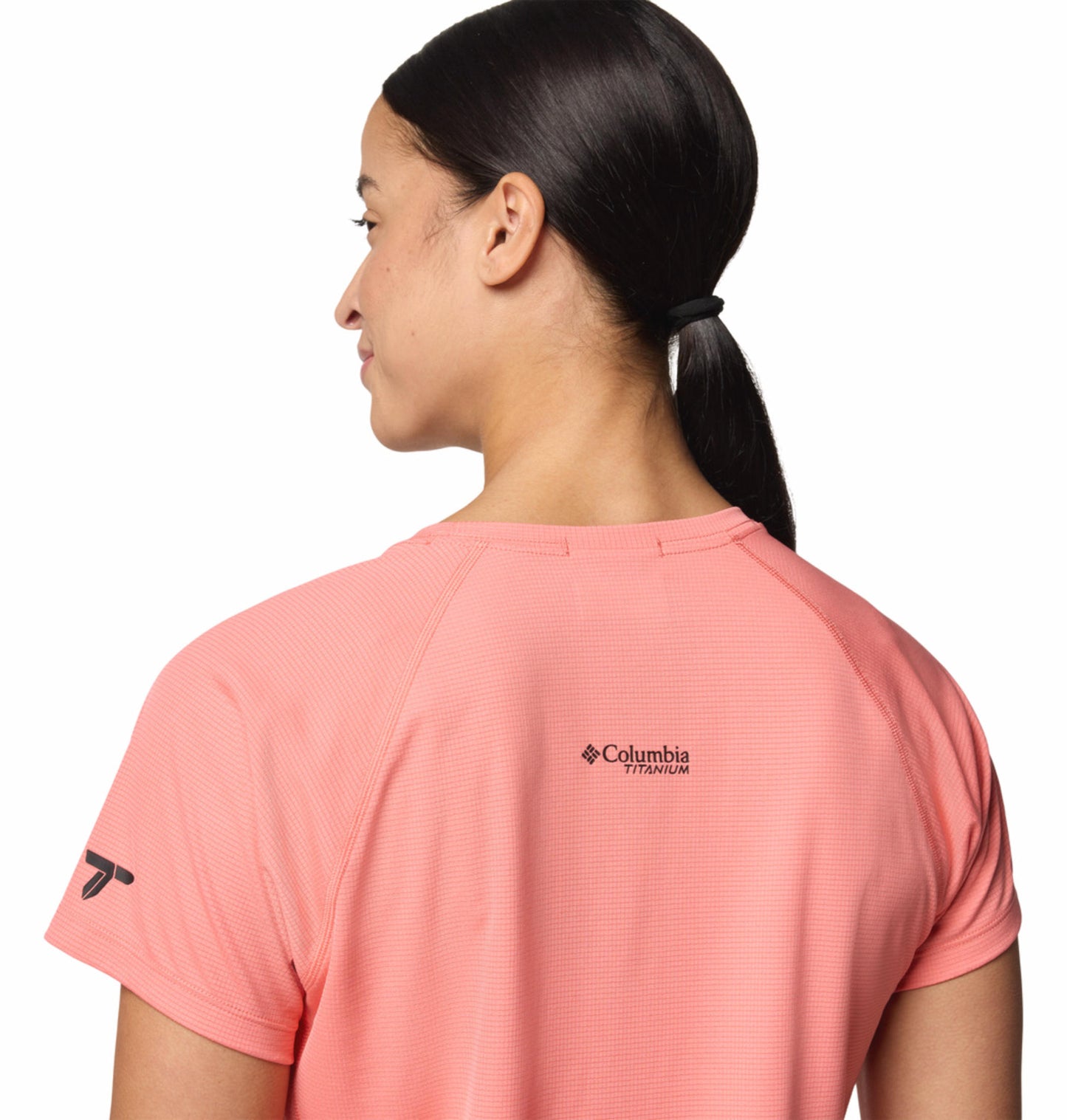 A Women Wearing Columbia Women Pink Cirque River Pro SS Crew