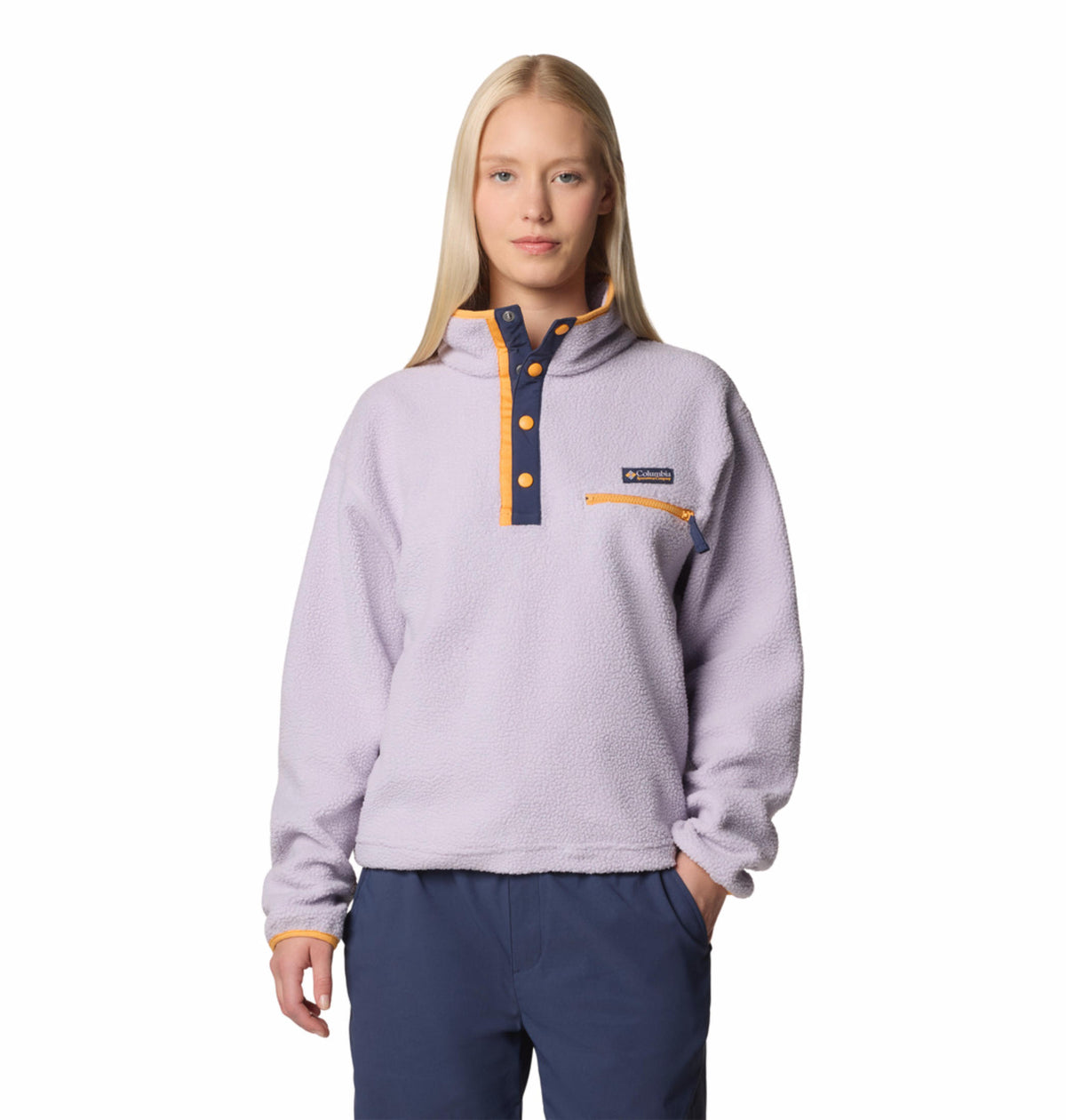 A Women Wearing Columbia Women Purple Helvetia II Cropped Half Snap Fleece