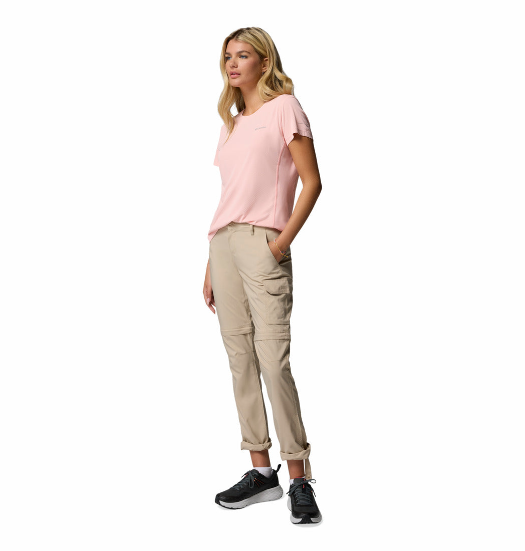 A Women Wearing Columbia Women Pink Zero Rules Light SS Crew (Sun Protection)