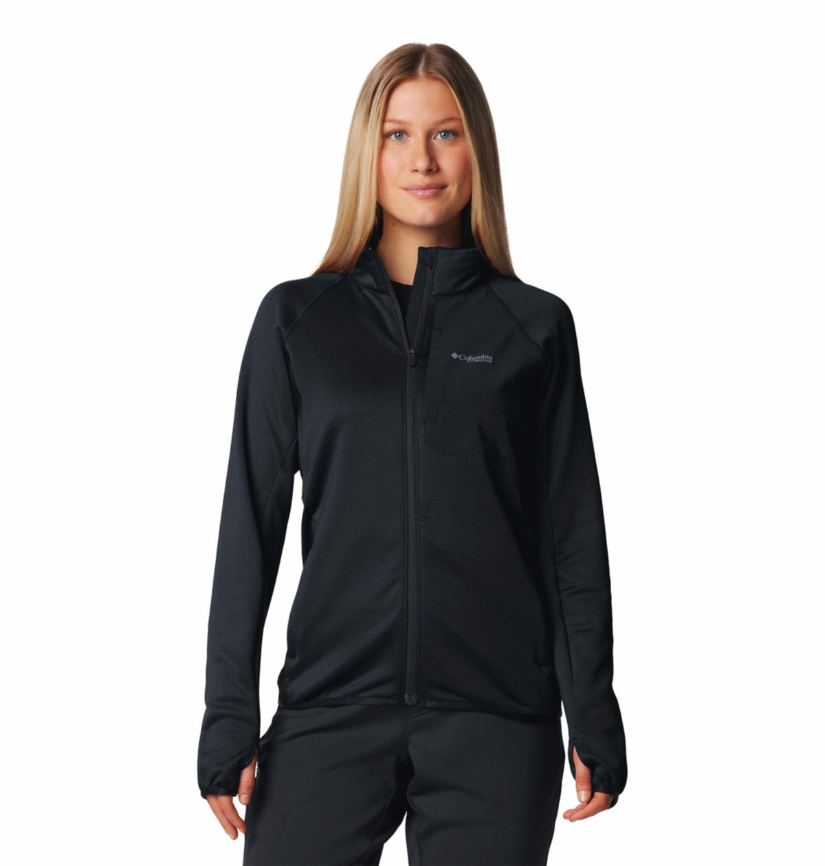 A Women Wearing Columbia Women Black Triple Canyon Grid Fleece FZ