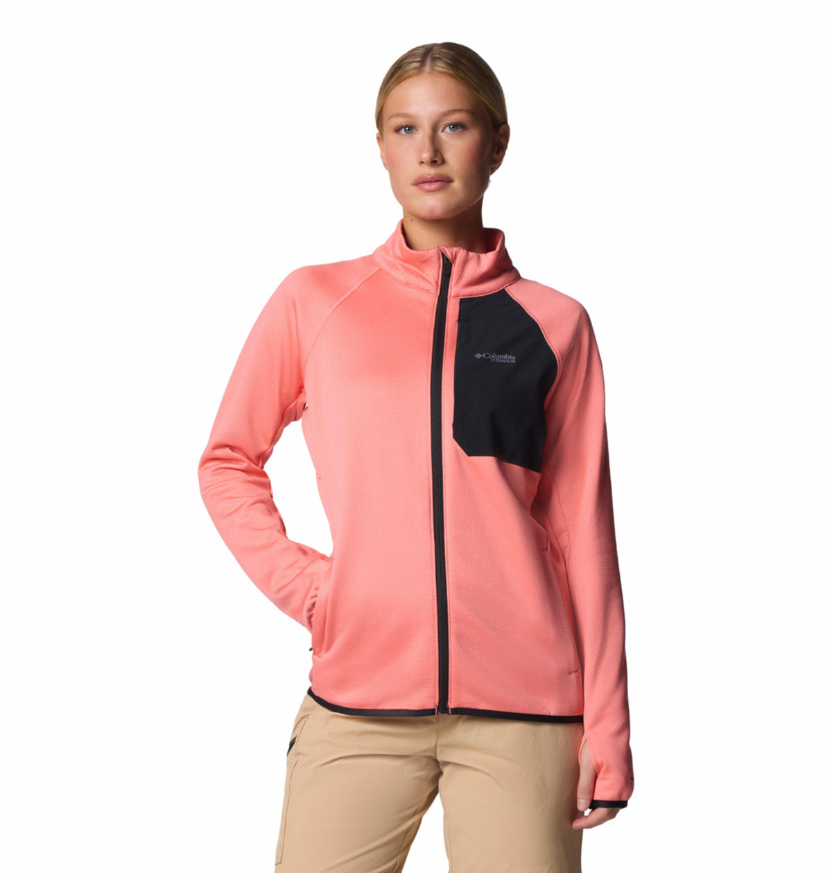 A Women Wearing Columbia Women Pink Triple Canyon Grid Fleece FZ