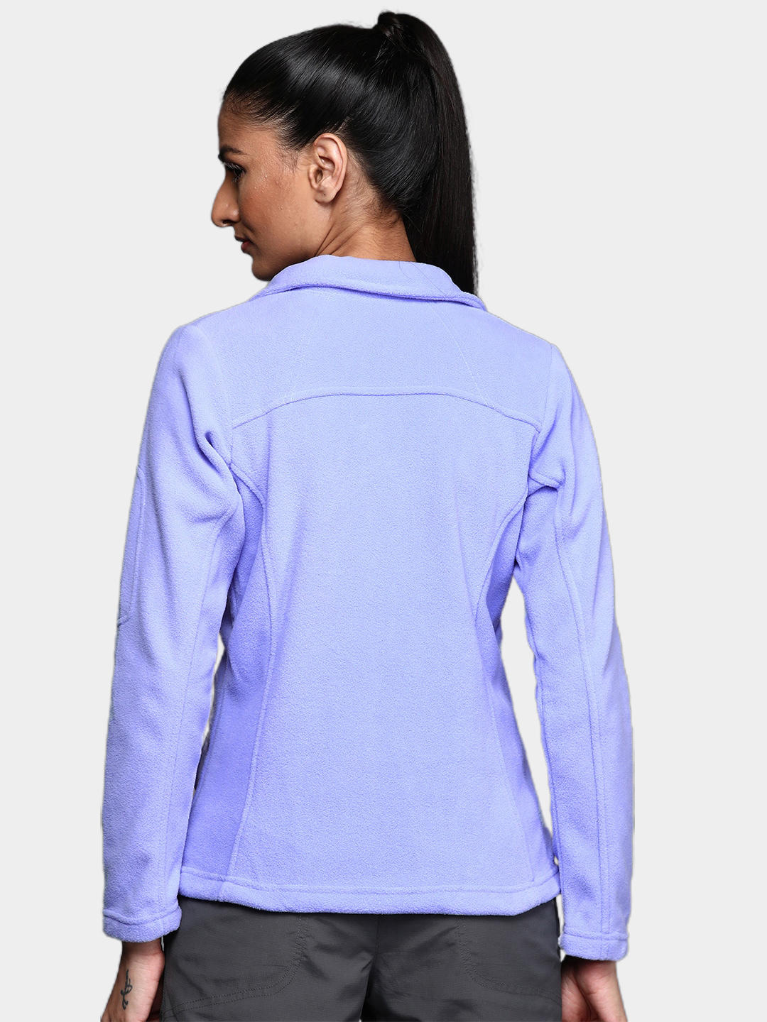 A Women Wearing Columbia Women Purple Fast Trek II Jacket