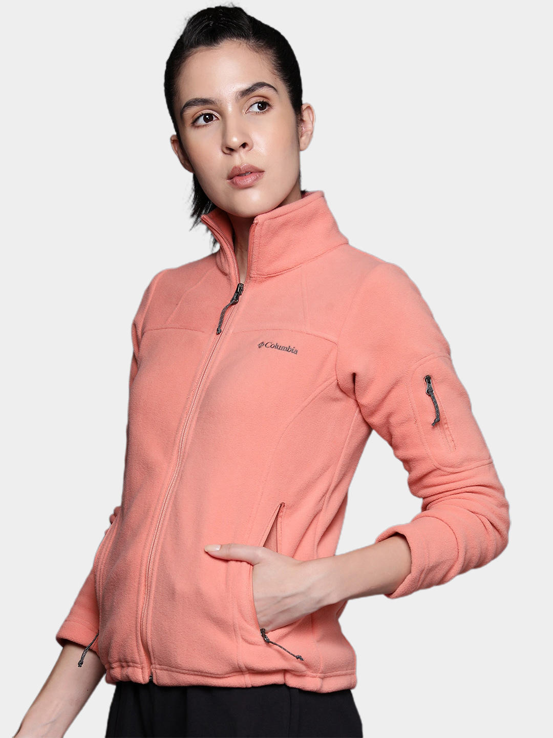 A Women Wearing Columbia Women Orange Fast Trek II Jacket