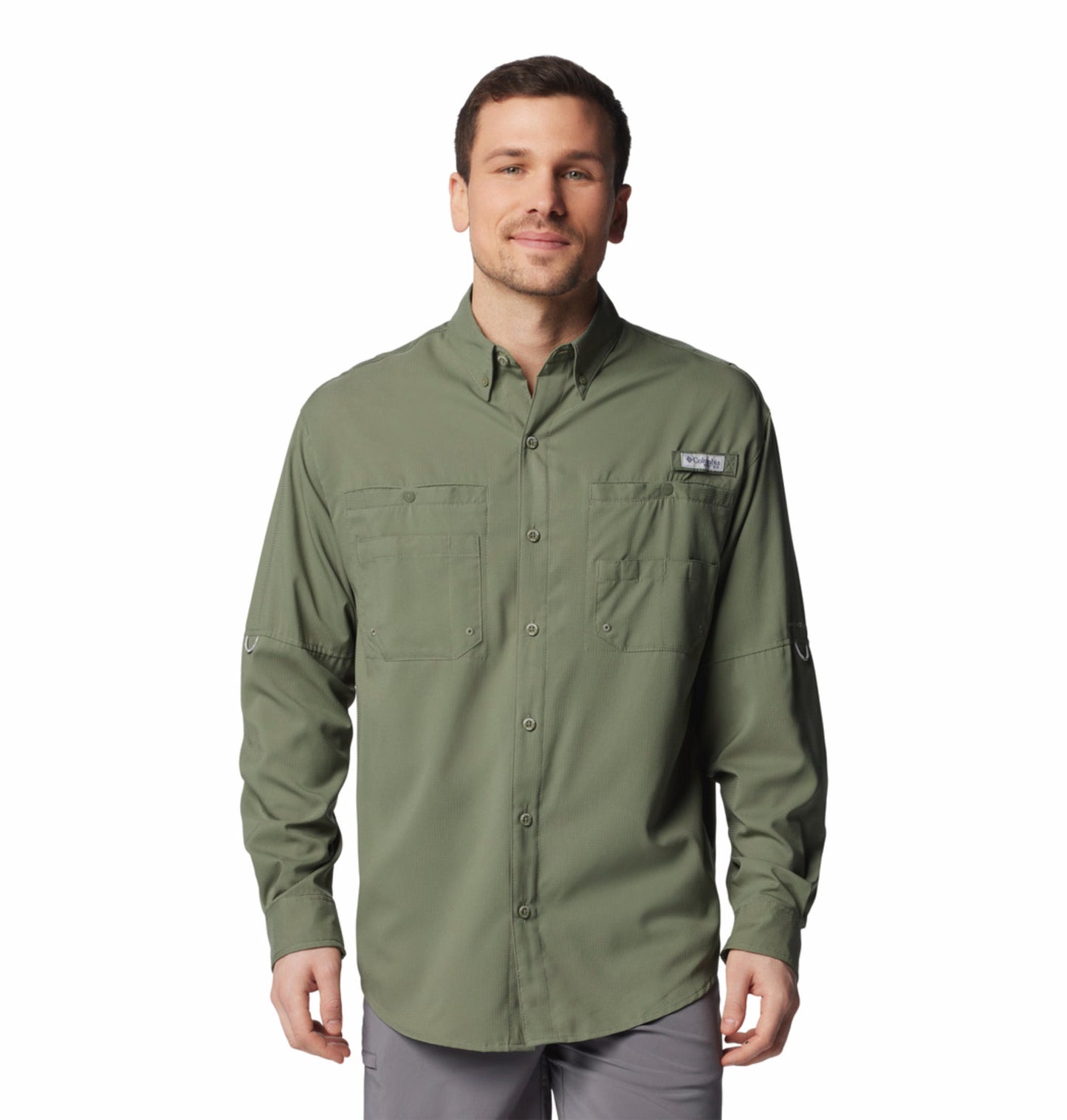 A Men Wearing Columbia Men Green Tamiami II LS Shirt (Sun Protection)
