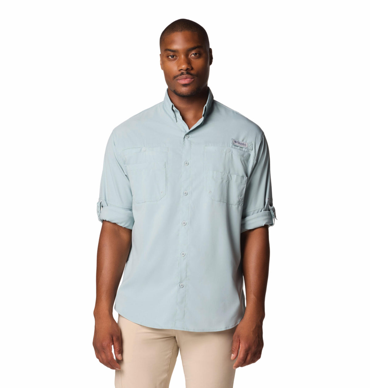 A Men Wearing Columbia Men Blue Tamiami II LS Shirt (Sun Protection)