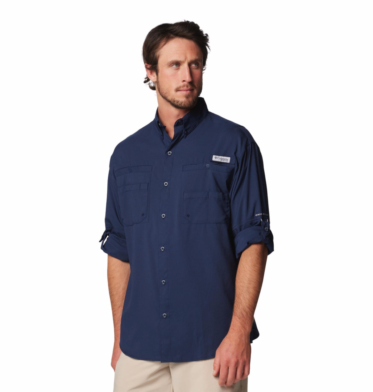 A Men Wearing Columbia Men Blue Tamiami II LS Shirt (Sun Protection)