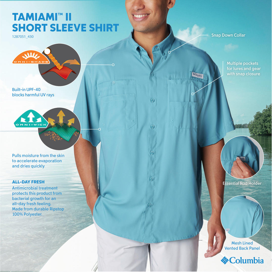 A Men Wearing Columbia Men Blue Tamiami II SS Shirt (Sun Protection)