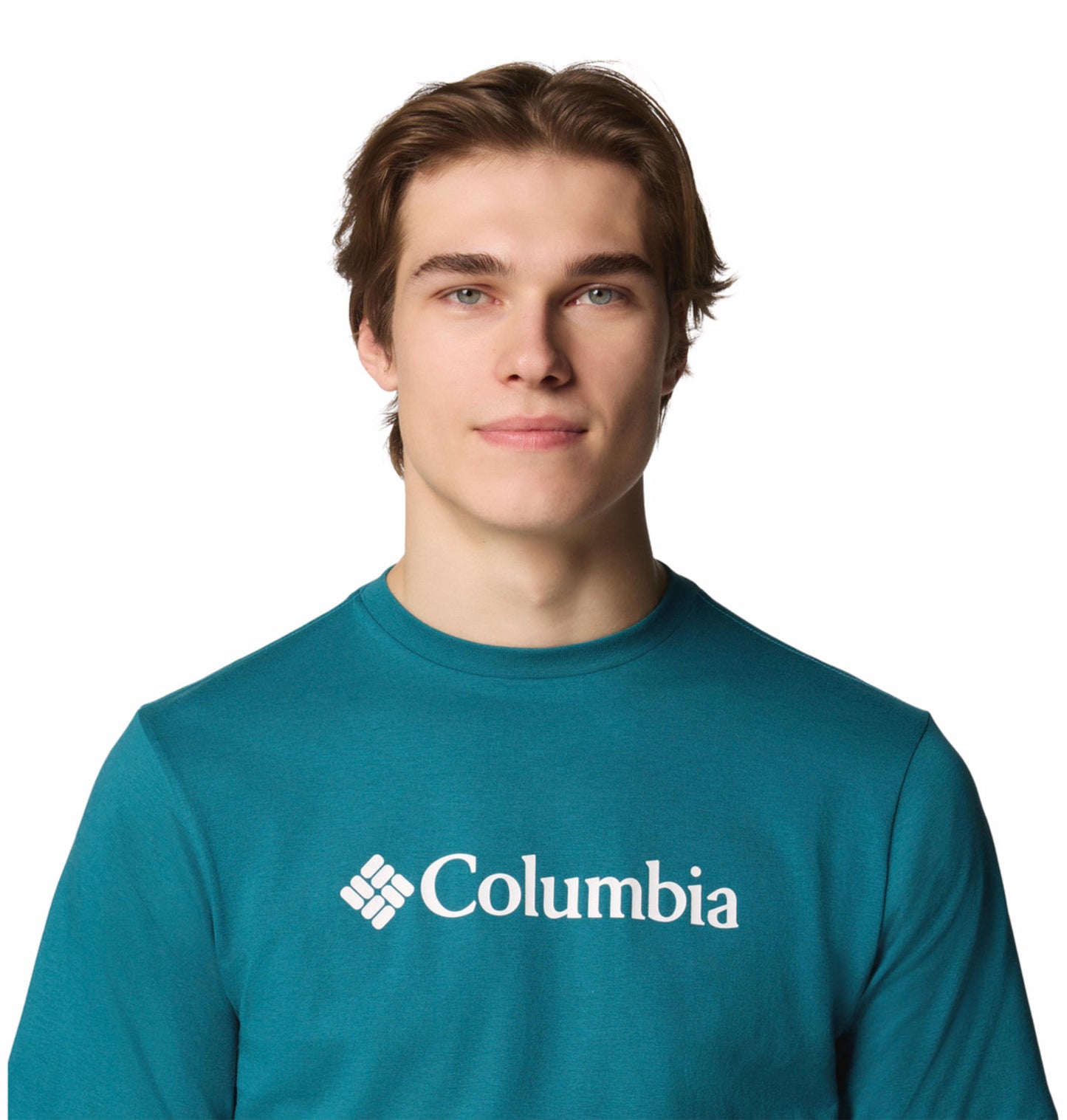 A Men Wearing Columbia Men Blue CSC Basic Logo Short Sleeve