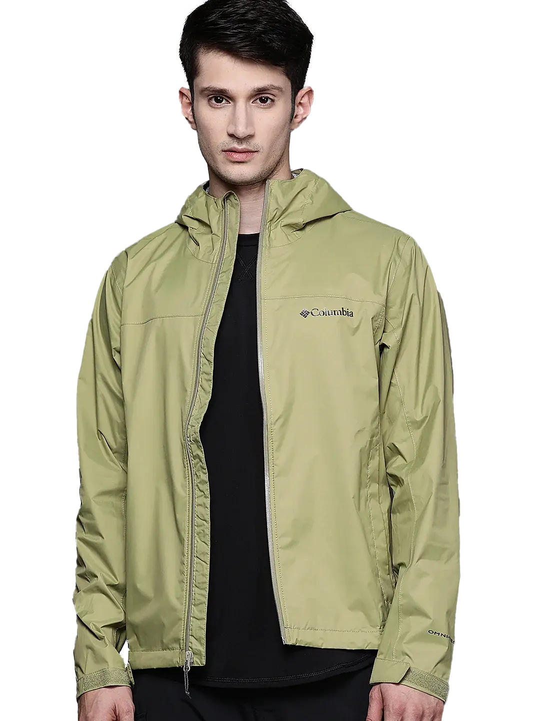 A Men Wearing Columbia Men Green EvaPOURation Jacket Waterproof