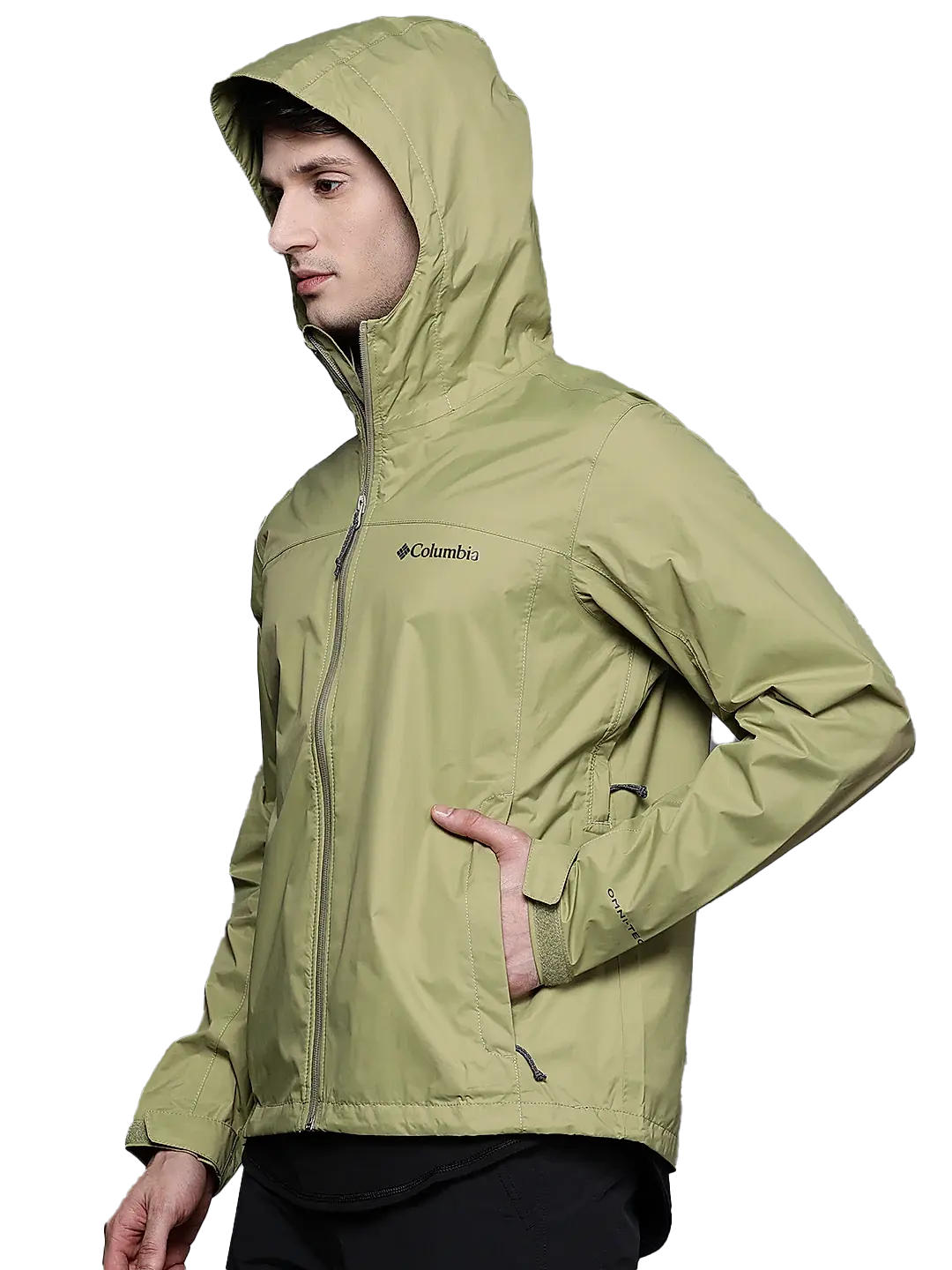 A Men Wearing Columbia Men Green EvaPOURation Jacket Waterproof