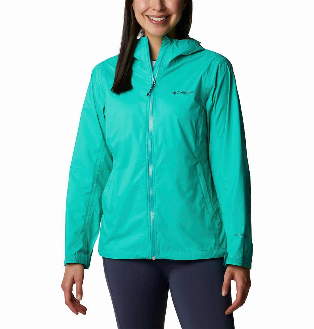 A Women Wearing Columbia Women Green EvaPOURation Jacket Waterproof