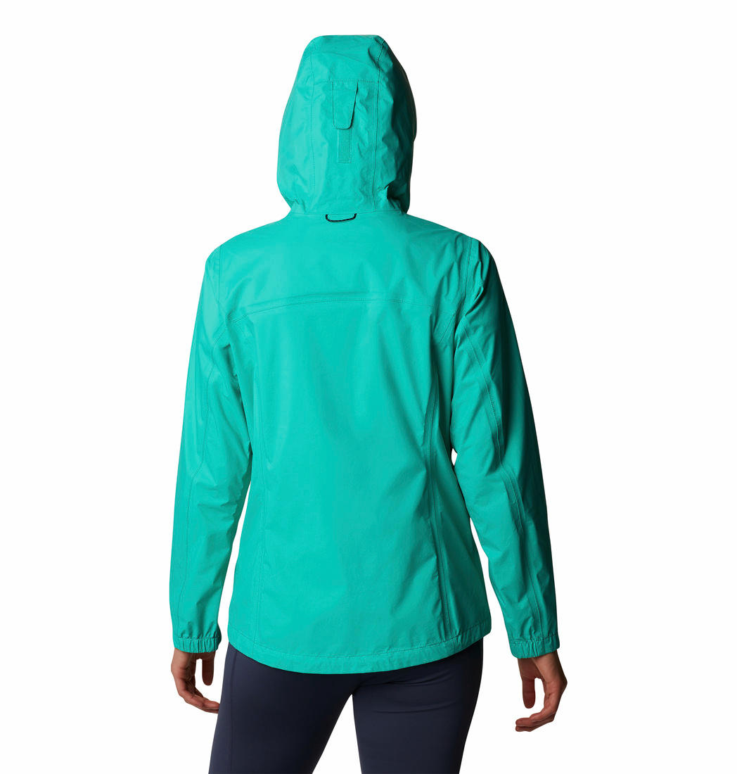 A Women Wearing Columbia Women Green EvaPOURation Jacket Waterproof